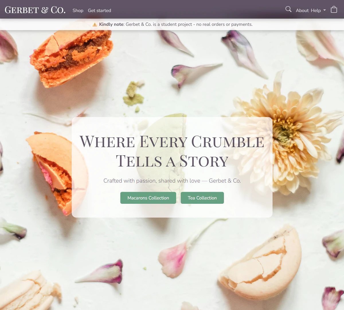 Gerbet & Co. homepage featuring French sweets and macarons in soft pastel colors
